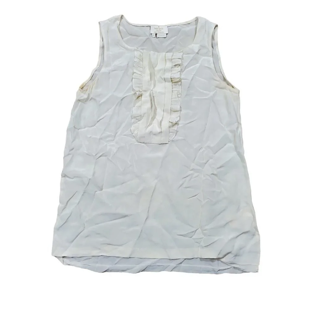Kate Spade NY Live Colorfully Ruffled Front Sleeveless‎ Top Womens 0 Ivory Silk